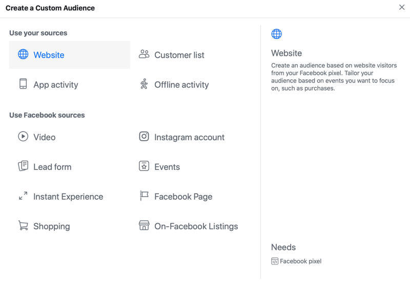 опции на менюто за персонализирана аудитория на facebook реклама с избрана опция за източник на уебсайт