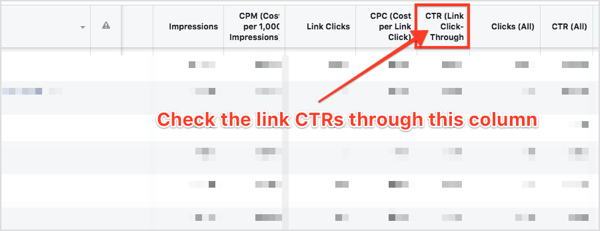 В секцията Рекламни комплекти на таблото за управление превъртете надясно и намерете колоната CTR (Свързване чрез кликване).