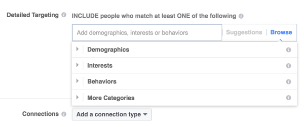 Facebook предлага три основни категории за насочване.