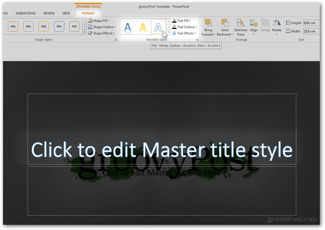 Шаблон за Office 2013 Създайте Направете персонализиран дизайн POTX Персонализирайте ръководството за слайдове за слайдове Как да WordArt стил на шрифта Цветни свойства на текста Предварително зададено редактиране