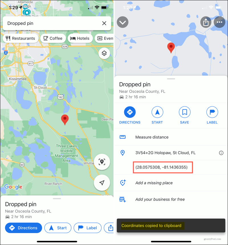 iPhone изпусна щифт в Google Maps