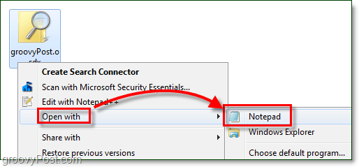 отворете конектор за търсене с бележник, за да го редактирате в Windows 7