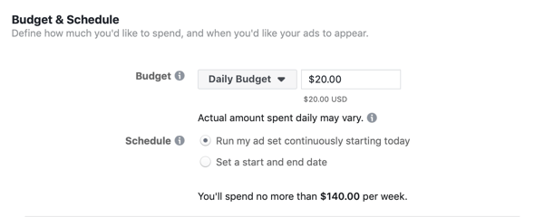 Facebook Ads Manager, раздел бюджет и график за набор от реклами