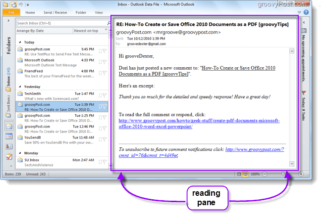 Как да промените местоположението на панела за четене по подразбиране в Outlook 2010 и да направите имейлите по-лесни за четене