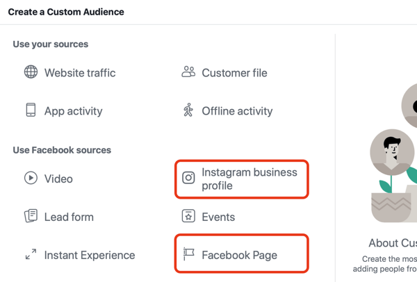 Използвайте реклами във Facebook, за да рекламирате хора, които посещават вашата страница във Facebook или Instagram, стъпка 1.