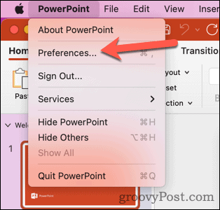 Отворете предпочитанията на Mac PowerPoint
