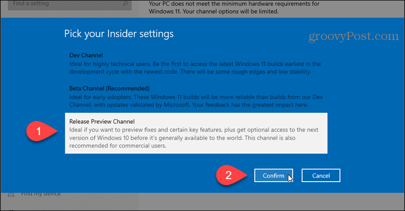 Изберете канала за предварителен преглед на версията за програмата Windows Insider