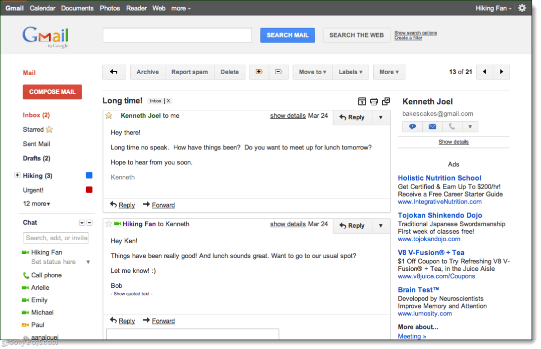 Тема за разговор в Gmail за предварителен преглед