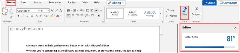 Бутон и странична лента на Microsoft Editor в Word онлайн