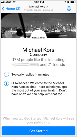 За да се включат в Messenger бот като този на Michael Kors, потребителите щракват върху бутона Get Started.