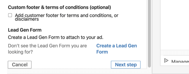 Опция Lead Gen Form в раздела Основна информация в настройката на реклама в LinkedIn