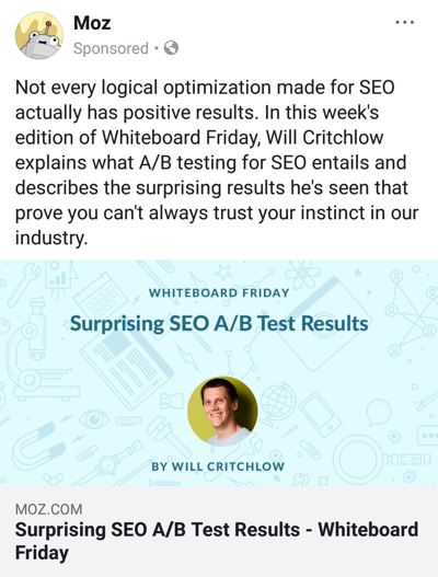 Рекламни техники във Facebook, които дават резултати, пример от Moz, предлагащ марково изследователско съдържание