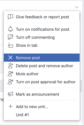 Как да подобрите общността си във Facebook, опция от менюто на Facebook, за да премахнете публикация от вашата група