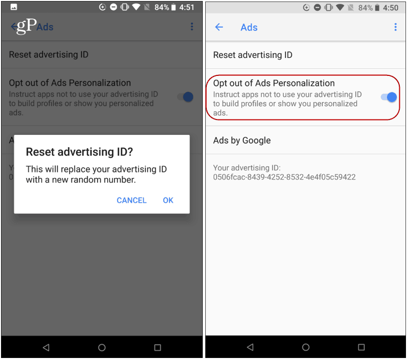 нулиране ID за реклама Android