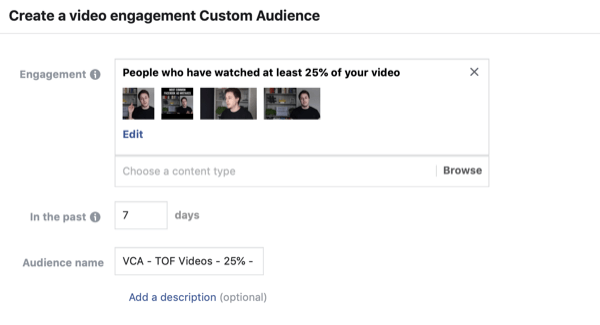 Създайте персонализираната аудитория на Facebook за видео зрители, стъпка 2.