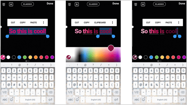 Създайте градиентни цветове на текста, като маркирате текста и плъзнете през цветовия спектър.