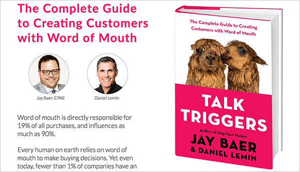Това е екранна снимка на уебсайта Talk Triggers. Вляво е текст за книгата и снимки на Джей Баер и Даниел Лемин. Вдясно е корицата на книгата за Talk Triggers.