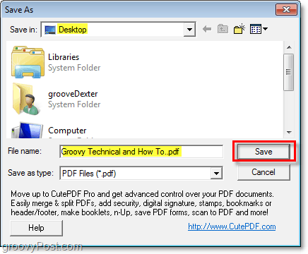изберете местоположението на pdf файл за запазване на новосъздадения pdf чрез cutePDF в Windows