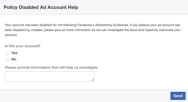 стъпка 1 за това как да попълните формуляра за деактивиран рекламен акаунт с политика на Facebook