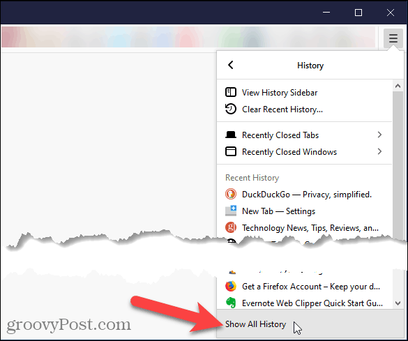 Изберете Покажи цялата история в Firefox