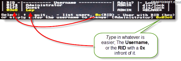 Изберете!, откажете се. - списък на потребителите, 0x <RID> - Потребител с RID (шестнадесетичен) или просто въведете потребителското име за промяна: [Администратор]