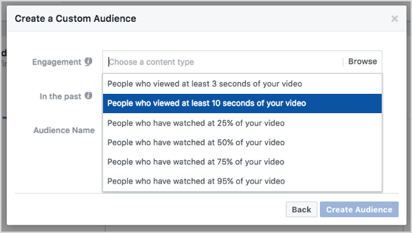 Персонализирана аудитория във Facebook, базирана на 10-секундно гледане на видео.