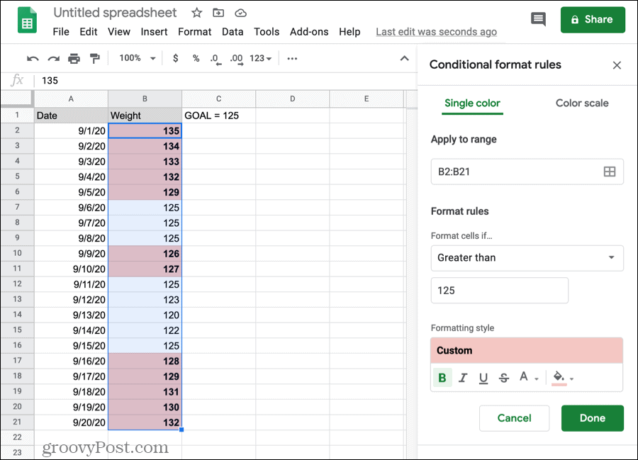 Условно форматиране за числа в Google Sheets
