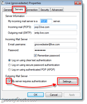 Windows Live Mail сървъри и настройки за изходяща поща