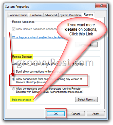 Windows 7 - Отдалечени настройки Активирайте RDP радио бутон