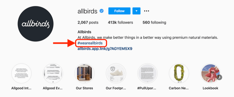 пример за фирмен хаштаг, включен в описанието на профила на акаунта в @allbirds instagram