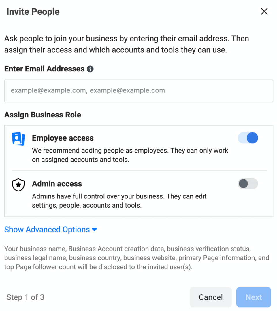 изображение на екрана за покани хора в Meta Business Manager