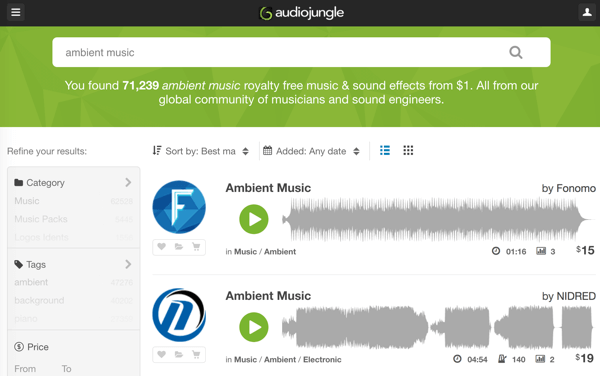 Търсете в здравата библиотека на AudioJungle музика с безплатни музикални и аудио записи от $ 1.