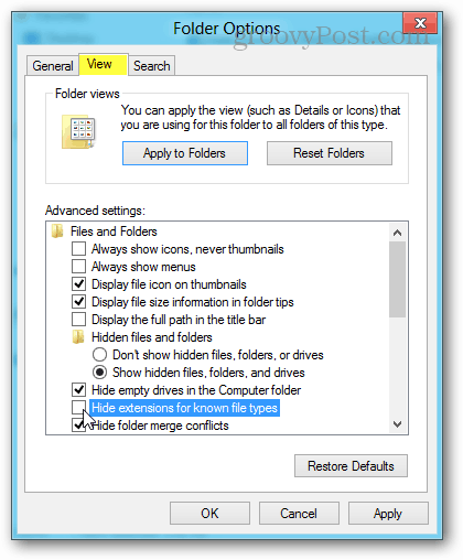 преглед на опциите на папките в Windows 8