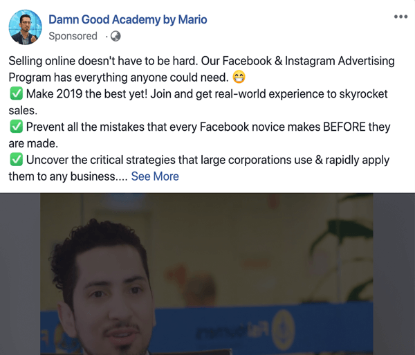 Как да пишете и структурирате по-дълги текстови публикации, спонсорирани от Facebook, проблем и решение тип 1, пример от Damn Good Academy от Mario