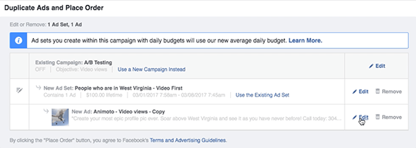 Кликнете върху връзката Редактиране вдясно от новия си набор от реклами във Facebook.