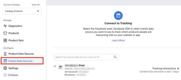 Използвайте инструмента за настройка на събития във Facebook, стъпка 24, опция от менюто, за да свържете пиксела на Facebook към вашия каталог
