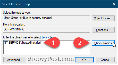 Въведете потребителско име и щракнете върху Проверка на имена за ключ на системния регистър на Windows