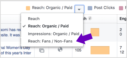 Щракнете върху стрелката до Reach: Organic / Paid във вашата Facebook Page Insights.