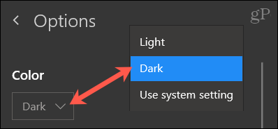 Изберете Цвят, тъмно за OneNote Windows 10