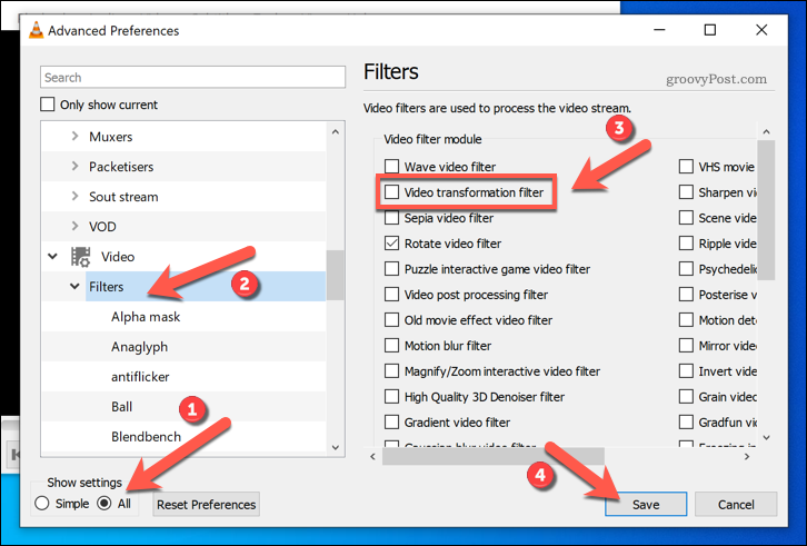 Активиране на филтри за трансформация на видео във VLC на Windows