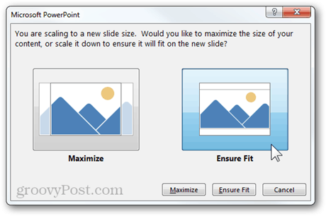 мащабиране на новото съотношение на размера размер Powerpoint 2013 функция максимално гарантира, че е подходящо