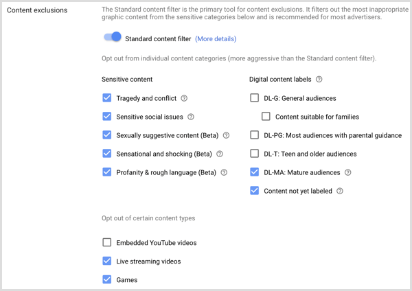 Настройки за изключване на съдържание за кампания в Google AdWords.