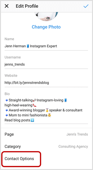 Опции за контакт на екрана за редактиране на профил в Instagram
