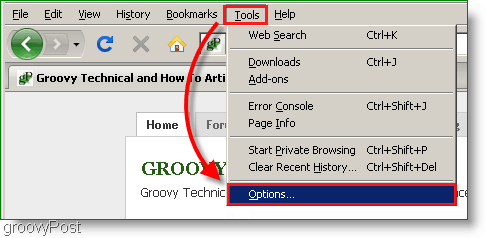 Снимка на екрана: Инструменти на Firefox, меню с опции