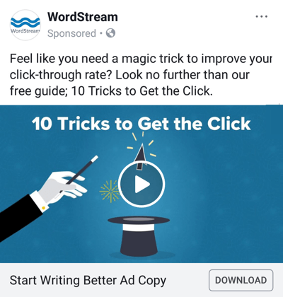 Рекламни техники на Facebook, които дават резултати, пример от WordStream, предлагащ безплатно ръководство
