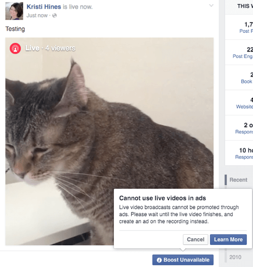 facebook live video boost недостъпен