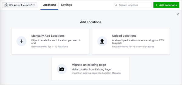 Виждате три опции за добавяне на местоположения към вашата страница във Facebook.