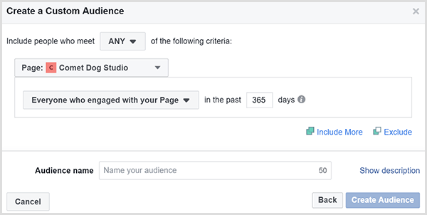 Диалоговият прозорец Facebook Create a Custom Audience ви позволява да насочвате реклами към хора, които са се ангажирали с вашия уебсайт в рамките на определен период от време.