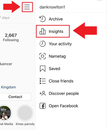 Маркетингова стратегия в социалните медии; Екранна снимка откъде да влезете в Instagram Insights в приложението Instagram.
