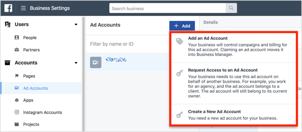 Имате три възможности за достъп до рекламен акаунт в Business Manager.